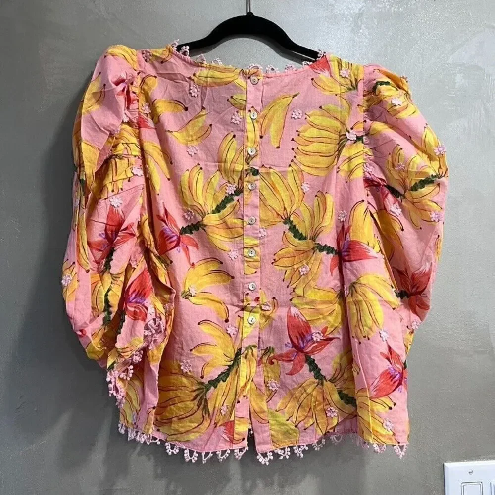 Anthropologie Farm Rio Banana Taste Applique Puff Sleeve Blouse Pink XS NEW